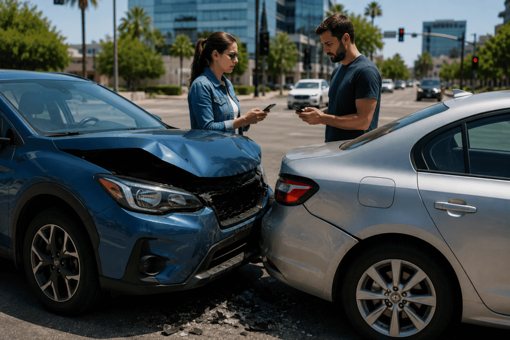 Two different vehicles involved in a car accident while drivers exchange information at the crash scene