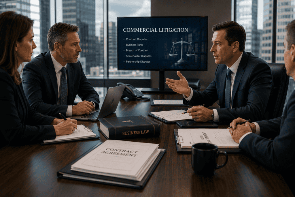 Business professionals meeting with a commercial litigation attorney to discuss contract disputes, business conflicts, and legal strategies